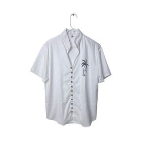White Button-Up Shirt With Palm Tree Embroidery